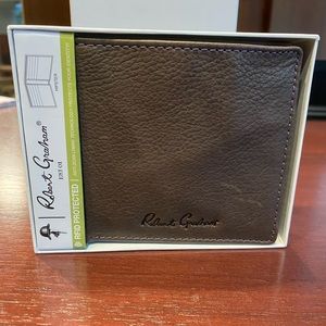 Robert Graham Brown hipster wallet with purple stitching.